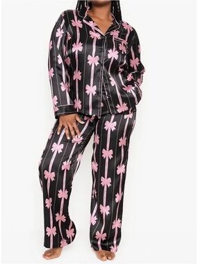 Victoria's Secret Black Satin Pajama Set with Pink Bow Print